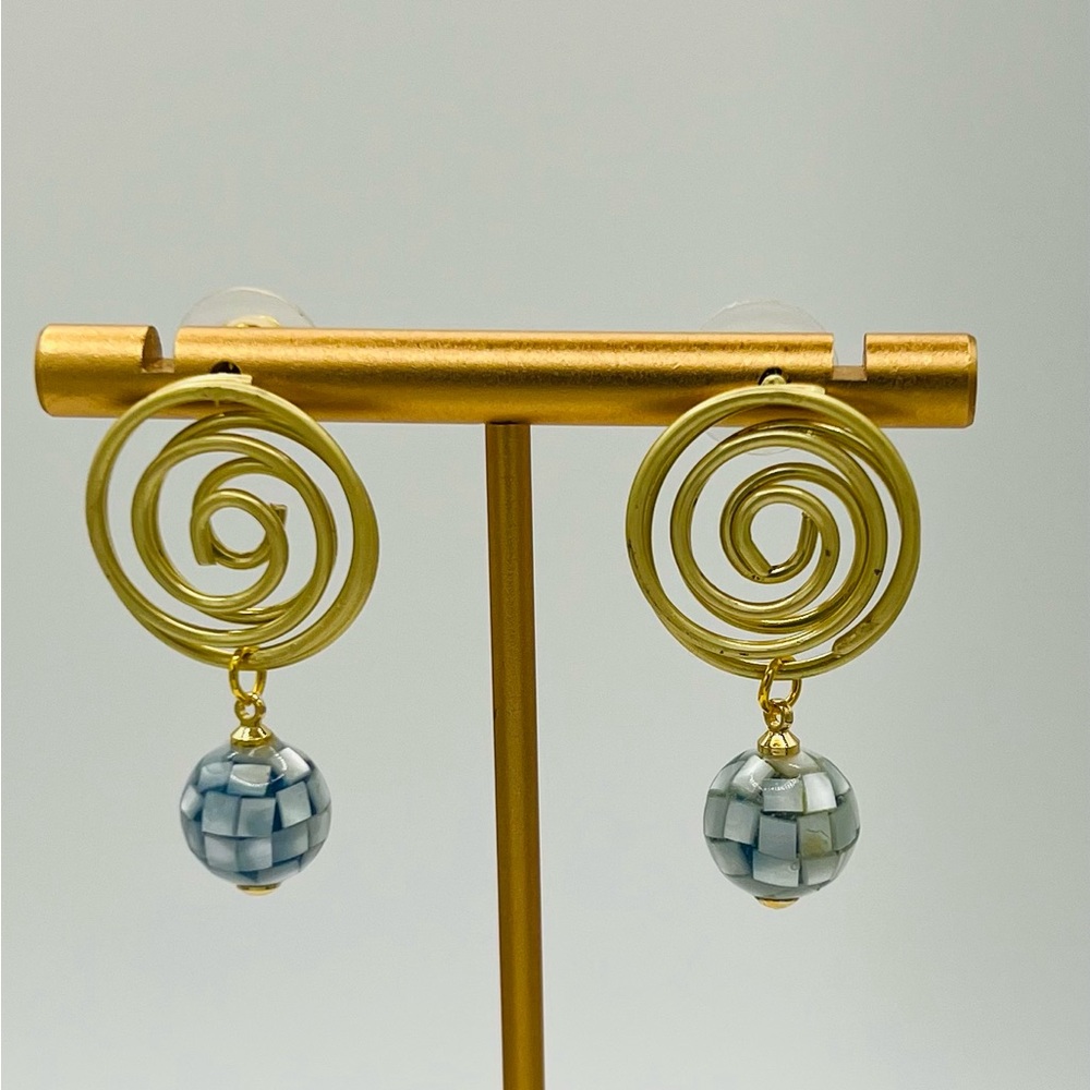 Matte Gold Spiral Drop Earrings with Blue Mother of Pearl Mosaic Bead